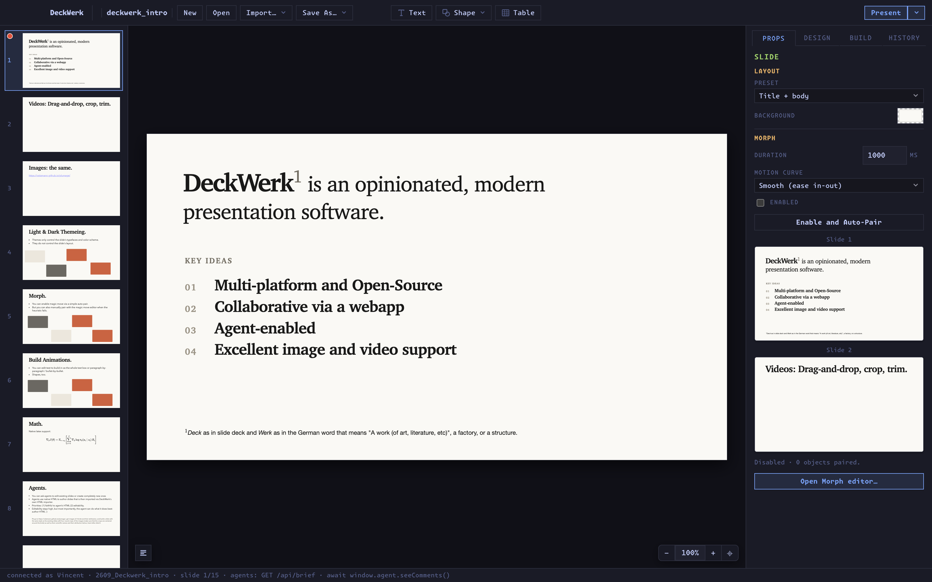 The DeckWerk editor: slide rail on the left, a warm-paper title slide in the middle, and the Props inspector with layout and Morph controls on the right.